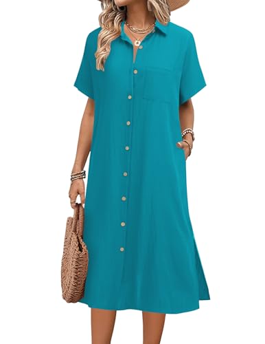 Image of HOTOUCH Womens Dress Summer Casual Midi Short Sleeve Button Down Shirt Dresses Loose Beach Cover Up with Pockets