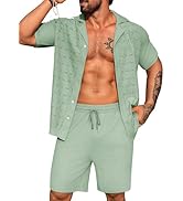 URRU Men's 2 Pieces Outfits Summer Beach Set Short Sleeve Button Down Flower Lace Shirt and Short...
