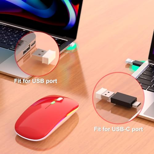 Image of LED Wireless Mouse, Slim Silent Mouse 2.4G Portable Mobile Optical Office Mouse with USB & Type-c Receiver, 3 Adjustable DPI Levels for Notebook, PC, Laptop, Computer (Red)
