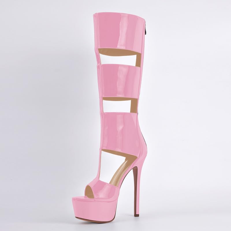 Image of Richealnana Women's Gladiator Knee-High Platform Heels-Stiletto Peep Toe Boots with Back Zipper for Club,Prom,Dance,Sexy