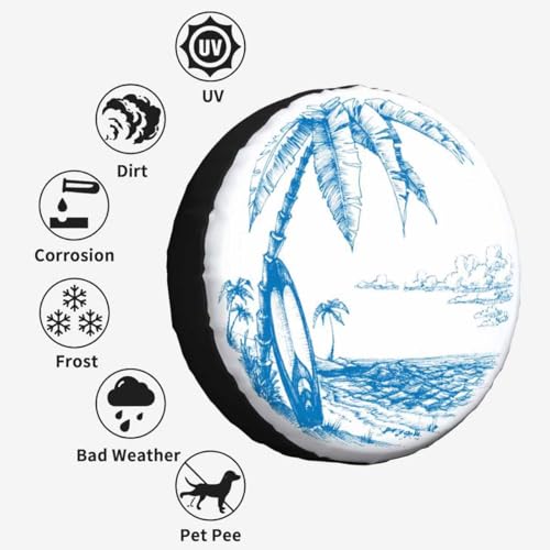 Image of Palm Trees and Sea View Spare Tire Cover Surfing Background Blue Line Drawing Wheel Covers for RV Tires Camper Tire Case Protectors for Trailer Rv SUV Truck Travel Trailer 17 in