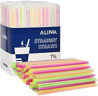 ALINK 500-Pack Plastic Disposable Drinking Straws Individually Wrapped, Neon Colored Straight Party Straws - 7.75