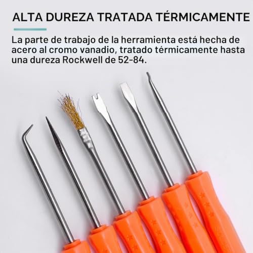 Miniatura 8 de Telituny Herramienta De Asistencia Para Soldadura, 6 Paquetes Kits Ayuda Soldadura Metal Placa De Circuito Juego De Herramientas De Soldadura Precisa Cepillo Raspador Tenedor Gancho Punzón Naranja