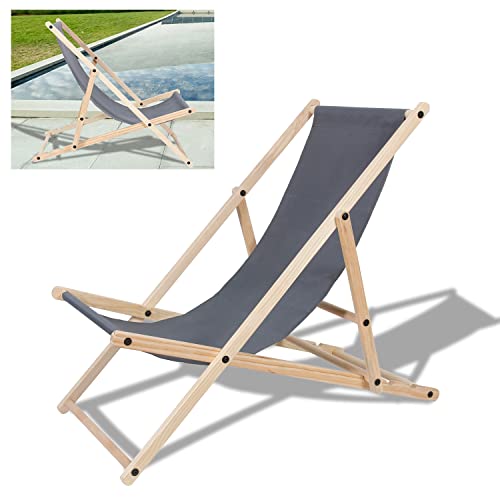 Yakimz Chaise longue pliante en bois - Chaise longue pliante en bois - Chaise longue de plage - Chaise longue de plage - Pliable - Sans accoudoirs - Pour jardin et balcon - Gris