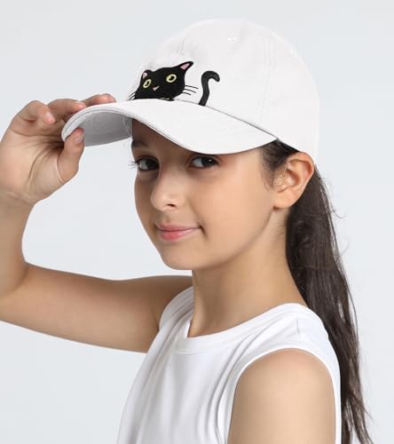 Girls Criss Cross Ponytail Hat Cute Embroidered Black Cat Hats for Girl Adjustable Cotton Baseball Cap for Kids Age 3-142