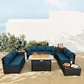 Rattaner Outdoor Furniture Sets 45 Inches Fire Table 6 PCS Patio Furniture Set Gas Fire Pit Table with Outdoor Storage Box Glass Coffee Table and Waterproof Covers Anti-Slip Peacock Blue Cushions