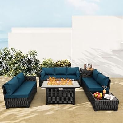 Rattaner Outdoor Furniture Sets 45 Inches Fire Table 6 PCS Patio Furniture Set Gas Fire Pit Table with Outdoor Storage Box Glass Coffee Table and Waterproof Covers Anti-Slip Peacock Blue Cushions