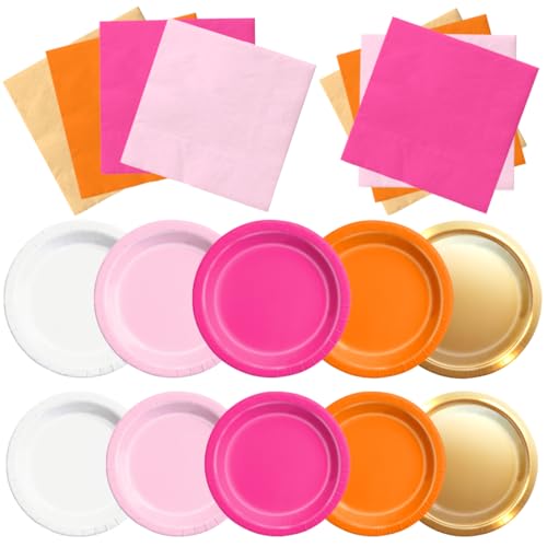 Image of CMUSKO Pink and Orange Party Decorations - 60Pcs Sunset Tropical Plates and Napkins Pink Pumpkin Halloween Tableware for Birthday,Baby Shower, Bachelorette Party