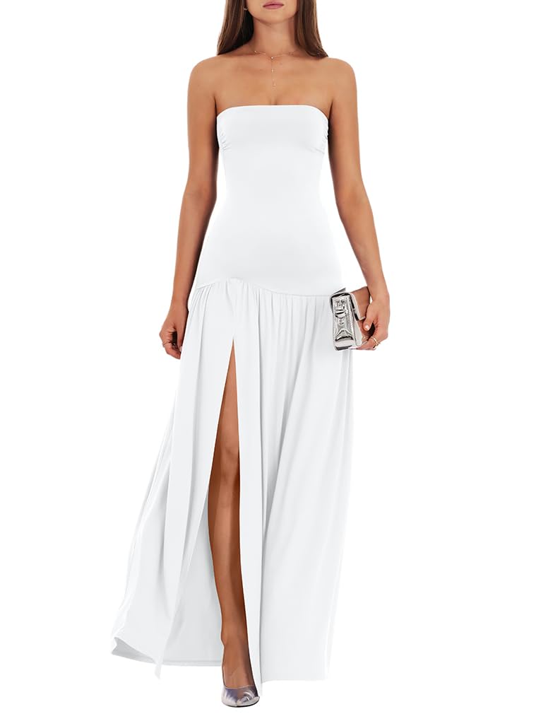 LAGSHIAN Women's Summer Strapless Flowy Maxi Dress Tube Bodycon Split A Line Long Party Dresses