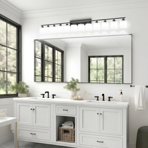 Image of 12 Light Black Vanity Lights for Giant Mirror, Bathroom Vanity Lights Over Mirror with Milky White Frosted Glass Shades,78.8 inch Bathroom Light Fixture for Mirrors, E26