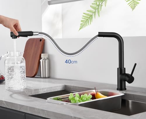 WOOHSE Küchenarmatur mit Brause Ausziehbar, Hochdruck Wasserhahn Küche Schwarz 360° Drehung, Spültischarmatur mit Brause zwei Wasserstrahlarten, Küchenwasserhahn aus Edelstahl, Mischbatterie