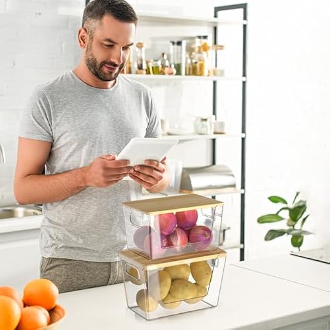 2 Set Pantry Organizer Storage, Stackable Kitchen Storage Bins with Lid & Handle, Clear Plastic Containers for Potato, Onion, Garlic, Fruit, Vegetable, Produce