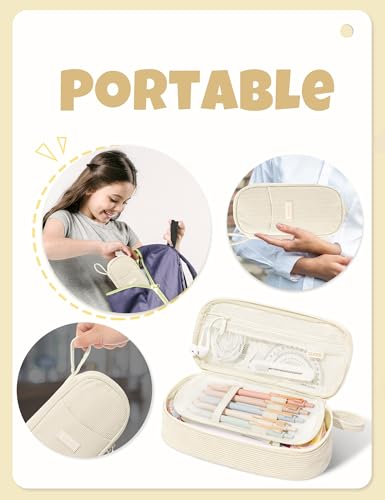 Image of SUNEE Cute Pencil Case, Large Pencil Pouch, Aesthetic Big Pencil Bag with Zipper, Kawaii Stationery Storage and Organizer, School Supplies for Teen and Adult, Boys&Girls, Soft Corduroy Warm Beige
