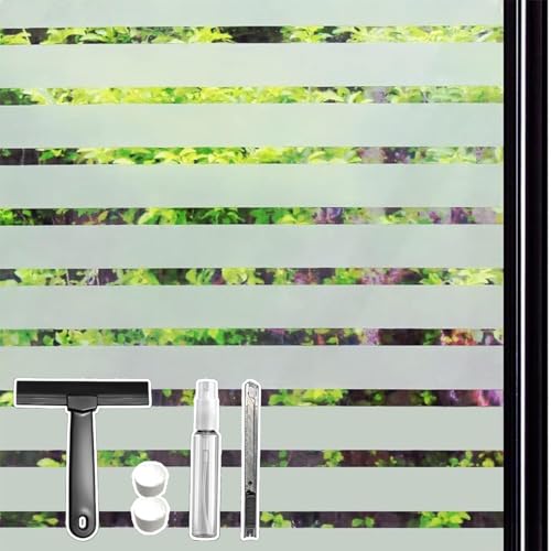 Qualsen Window Film Privacy, Frosted Window Films Stripe Privacy Film for Glass Windows, Non Adhesive Static Cling Windows Cover for Office, Home, Kitchen (44.3 x 200 cm, Wide Stripe)