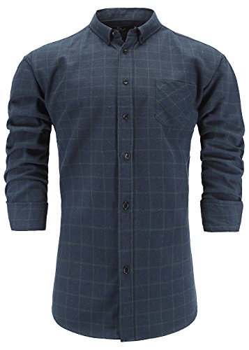 Emiqude Men's 100% Flannel Cotton Slim Fit Long Sleeve Button Down Plaid Dress Shirt Large Navy Green