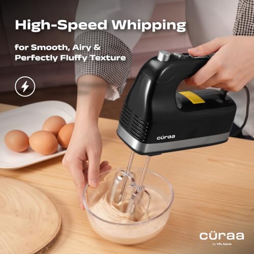 Image of Curaa Hand Mixer 300 Watts for Baking | 5 Speed Control with Turbo Mode | Electric Egg Beater with Whisk & Dough Hooks | Handheld Mixer for Cake, Cream, Dough, Buttermilk & Whipping | Black