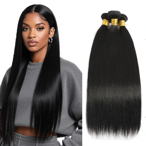#1B Straight Bundles Human Hair Natural Black Bundles 30 32 34 Inch Knotless Invisible Black Straight Bundle Human Hair Extensions 50g/Bundle Total 150g