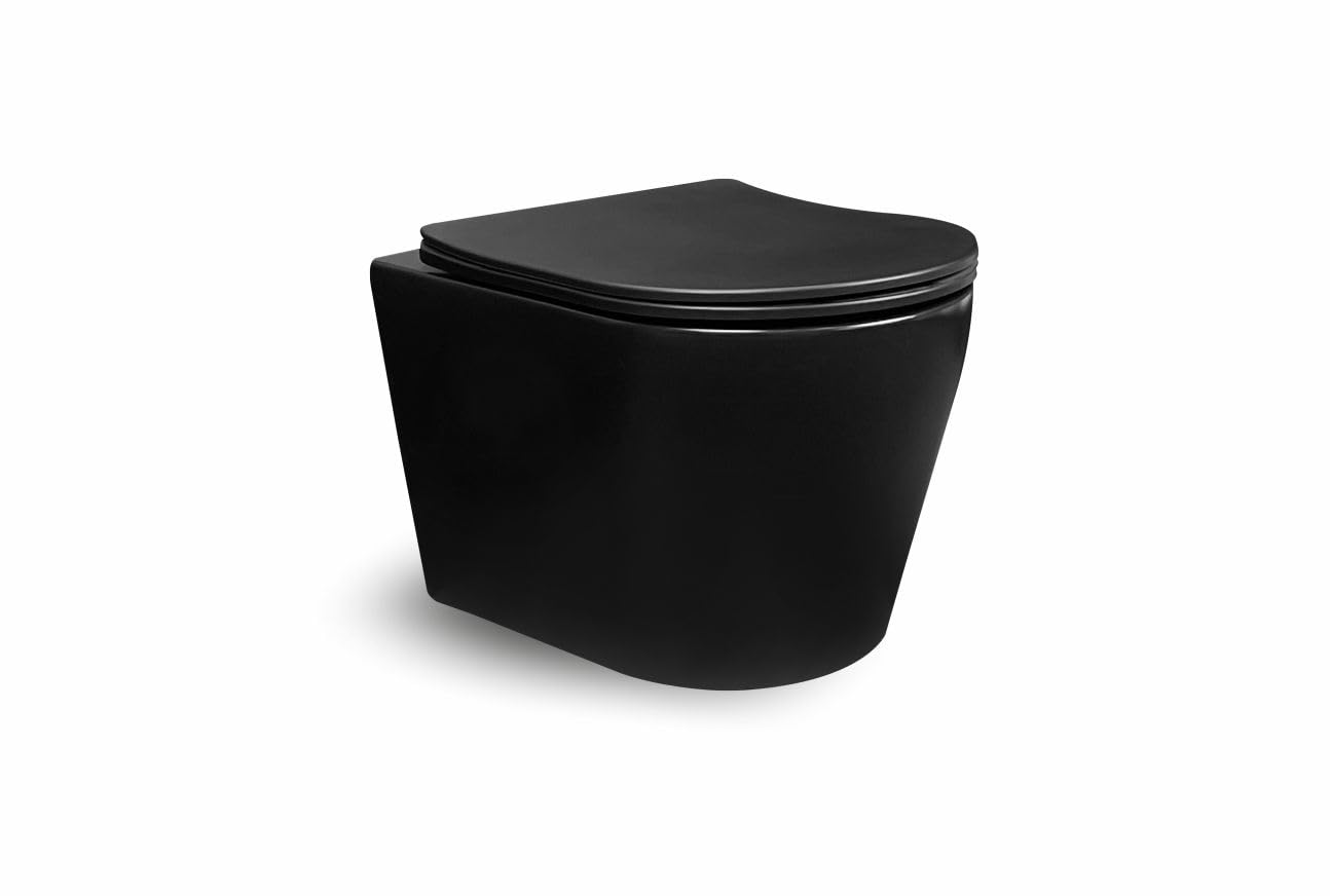 WC suspendido en la pared con tapa de cierre suave y tapa ultrafina, inodoro redondo flotante de cerámica de alta calidad (negro mate)
