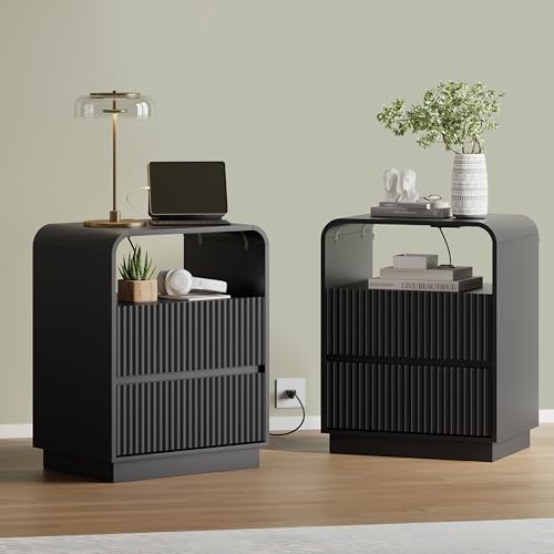 Image of Wodeer Black Nightstand with Charging Station, Mid Century Modern Bedside Table & End Table, Fluted Wood Small Night Stand with 2 Hidden Drawers and Storage Shelf for Bedroom