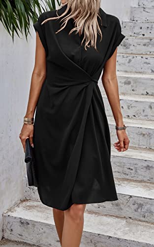 Image of ECOWISH Womens Casual Midi Dresses Solid V Neck Short Sleeve Button Shirt Belted Dress with Pockets for Spring Summer 2026