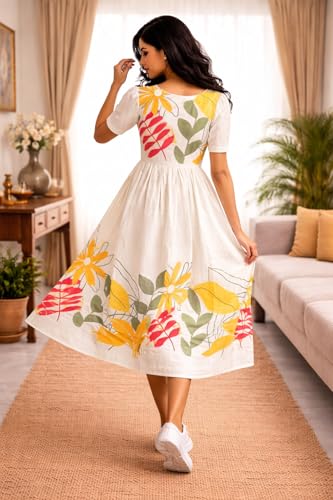 Image of eightone Women Floral Print Cotton Midi Dress, Short Sleeve, White with Yellow and Red Flowers, A-Line Fit