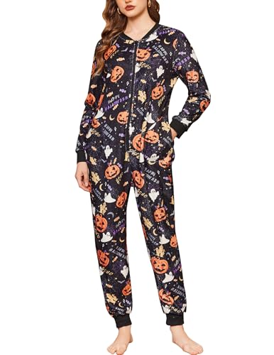 Ekouaer Christmas Onesie Fleece Long Sleeve Adult One Piece Pajamas for Women Zipper Pjs with Pocket S-XXL Halloween Pumpkin XXL