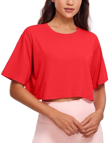 Image of CRZ YOGA Pima Cotton High Neck Crop T-Shirt | Workout, Naturally Soft, Loose Fit, Short Sleeve Tops for Women