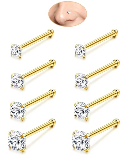 8Pcs 20G Gold Nose Studs Set - Hypoallergenic Surgical Steel Straight Nose Rings Studs with Multi Size Sparkle CZ 1.5mm-3.0mm Body Piercing Jewelry for Sensitive Skin, Daily Wear for Women & Men