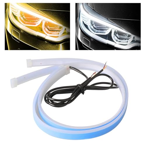 Zimoya Car LED Strip Lights, 2 24 Inch Flexible LED Headlight Strips Color White Turn Signal Yellow Lights Waterproof Car Daytime Running Light Strip for Cars, SUVs, Trucks