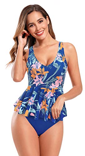 SHEKINI Traje de Baño Acolchado con Cuello En V y Estampado Tankinis para Mujer Traje de Baño de Una Pieza Traje de Baño con Dobladillo con Volantes(Azul Zafiro,L)