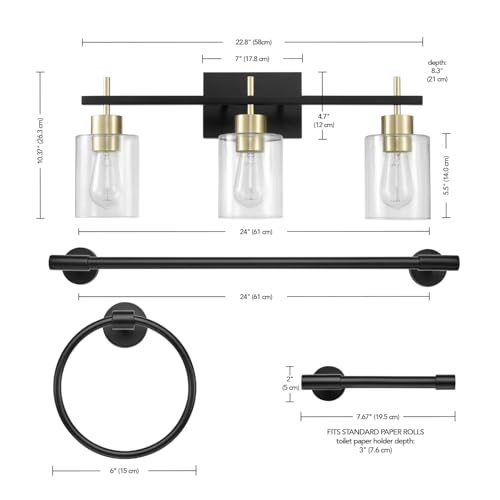 Image of Globe Electric 4-Piece All-in-One Bathroom Set, Matte Black, 3-Light Vanity Light with Clear Glass Shades and Matte Brass Accents, Towel Bar, Toilet Paper Holder, Towel Ring