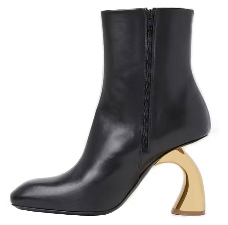 Vertundy Womens Black Ankle Boots Round Toe High Curved Chunky Heel Boots