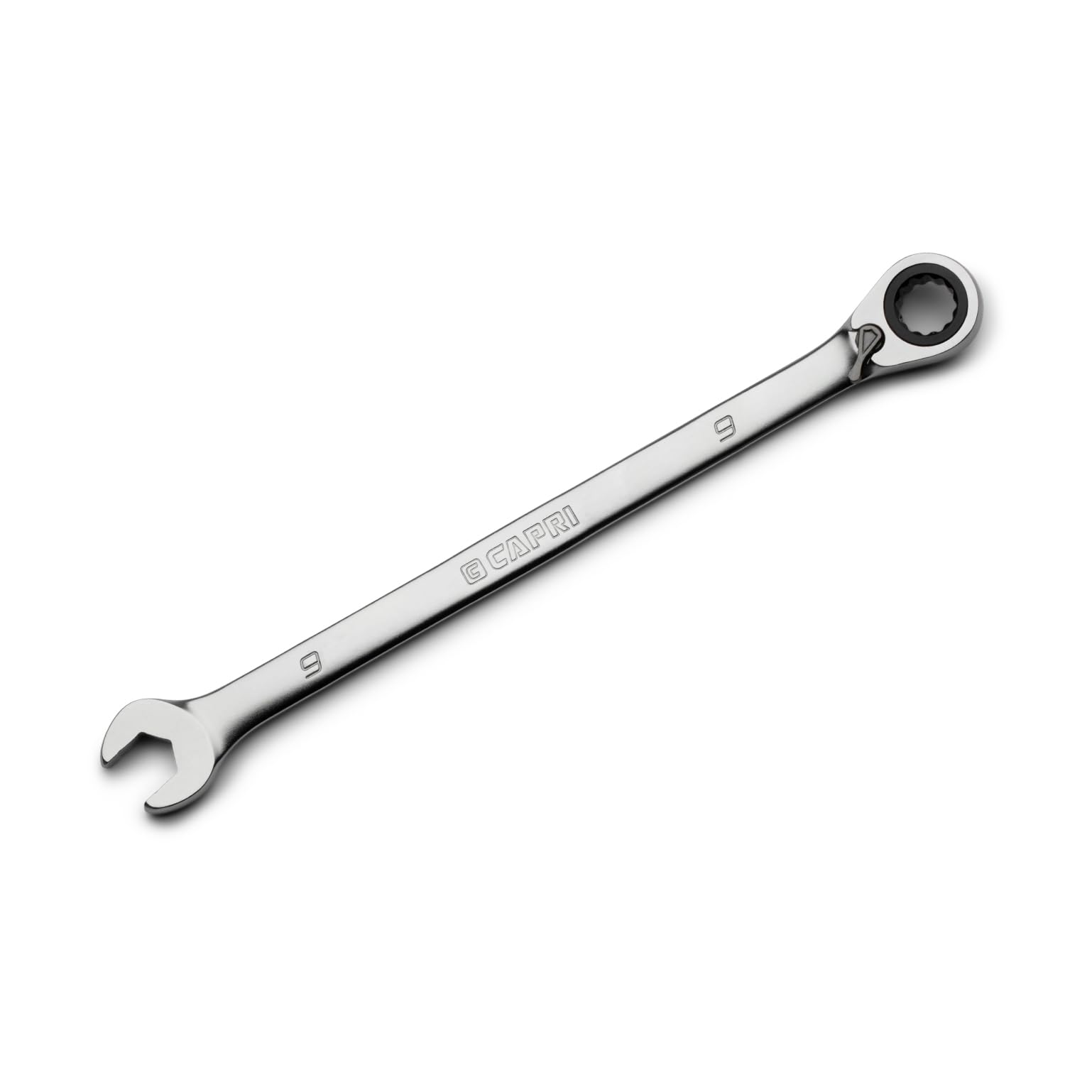 Capri Tools 9 mm 120-Tooth Ultra-Smooth Reversible Ratcheting Combination Wrench, XL Long Series, Metric, 12-Point