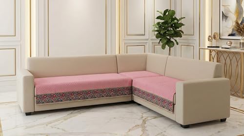 Image of Velvet Quilted Sofa Cover Mat Seat & Back, L Shape 4+3, Main L90in Chaise L69in H32in, Baby Pink Color,Anti Skid Backing, 6in Hanging Strap Design, Washa, Style -BabyPink-L43