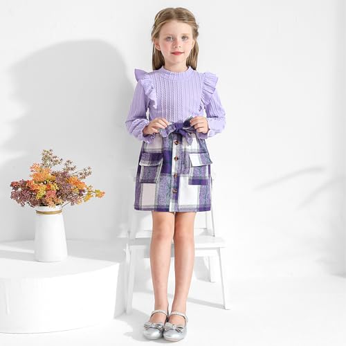 Image of Weixinbuy Toddler Girl Fall Winter Clothes Solid Long Sleeve Ribbed T-Shirt Knit Tops Plaid Button Mini Skirts Set Outfits
