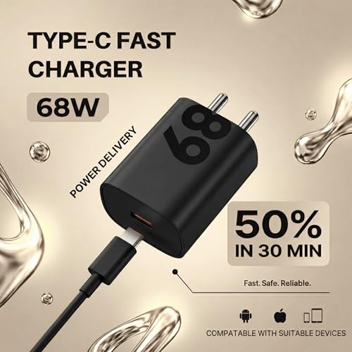 Image of 68W USB-C TurboPower Adapter + 3.3Ft Cable | Fast Charging for Motorola Edge 60 Pro /Edge 50 Pro /Razr 50 Ultra /Moto G84 /G54 /E40 /G35 /Edge 40 Neo | Original Power Charging Speed - Black