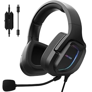 AIHOOR Gaming Headset met Virtual 7.1 Surround Sound, 50 mm Drivers, Noise Cancelling Mic, Duurzame Stalen Sliders, Ultra-Low Latency Games & RGB Light Soft Memory Protein Earmuffs Compatibel met PC/Mac