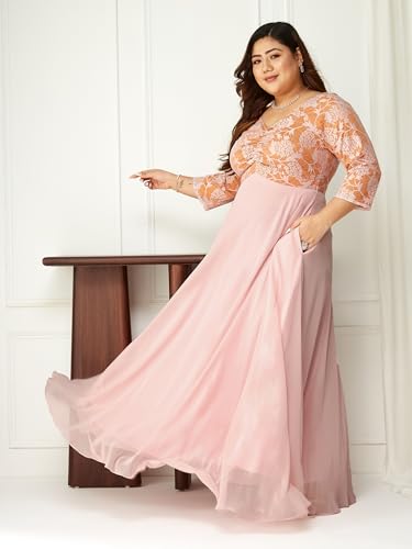 Image of Miss Chase A+ Women's Floral Printed Relaxed Fit V -Neck 3 /4Th Sleeve Georgette Maxi Dress