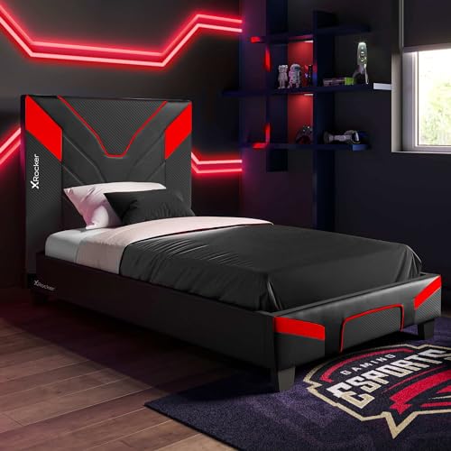 X-Rocker Cerberus Gaming Bed, 3ft Single Bedstead Frame, Wooden Slats, PU Faux Leather Upholstered Headboard, Low Footboard, Ideal for Teens, Kids, Children, Gaming Inspired Carbon Red Black 90x190cm