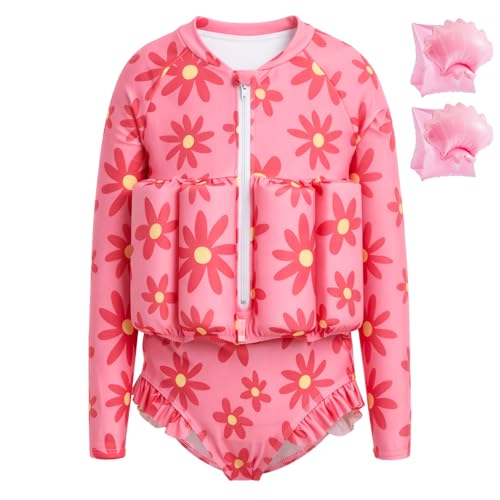 Summshall Toddler Swimsuit with Floatation Baby Girls Long Sleeve Floating Bathing Suit Front Zipper Floatie Swim Suit for Summer Beach Pink