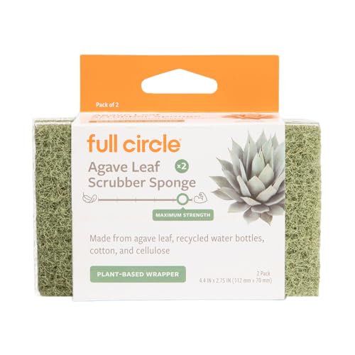Full Circle Heavy Duty Scrubber Sponge – Robust Agave Leaf & Plastic-Free Cellulose – Dual-Sided Dish Sponge for Cast Iron, Grill Grates & Oven Racks, 2 Pack