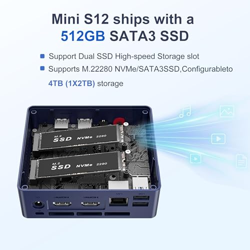 Image of Beelink Mini PC,Mini S12 N95 Intel Alder Lake-N95 (up to 3.4GHz),12GB LPDDR5 512GB SATA3 SSD Mini Desktop Computer, Support 4K@60Hz Dual HDMI Display, 2.5G LAN /USB3.2 /Low-Power Home /Office Micro PC
