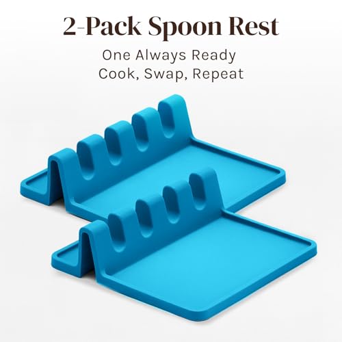 Image of Cooler Kitchen Light Blue Silicone Spoon Rest for Stove Top with Drip Pad (Two Pack) - Heat Resistant BPA Free Utensil Rest & Spoon Holder for Kitchen Counter - Grill Utensil Holder - Spatula Holder