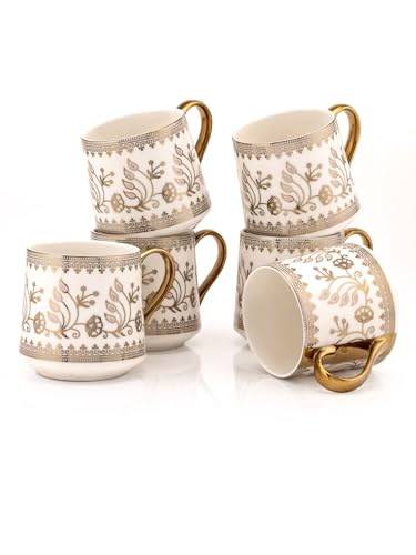 Image of Clay Craft Fine Ceramic Gold Printed Tea /Coffee Mugs Sets of 6-200 ml Each (Parker E602), Tea Cup Set of 6, Mugs for Coffee, Cups Set of 6, Mug Set, Ideal for Gifting, Perfect for Home and Office