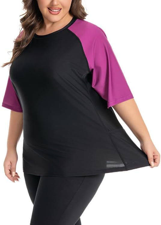 Women's Plus Size Rash Guard Swim Shirt UPF50+ Short Sleeve Sun Protection with Pockets | Tagless, Tummy Control & Mesh Vents
