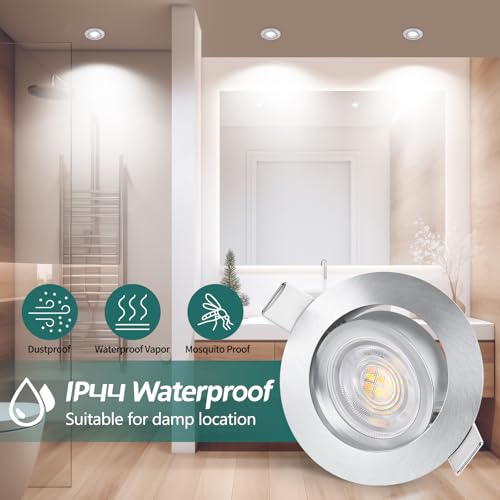 KYOTECH LED Einbaustrahler Dimmbar 230V 68-75mm, 5W 550LM Austauschbare Lichtquelle Deckenspots 3000K/4000K/6500K, 45° Schwenkbar Einbauleuchten, IP44 Einbauspots für Badezimmer, Alu Gebürstet 6er Set