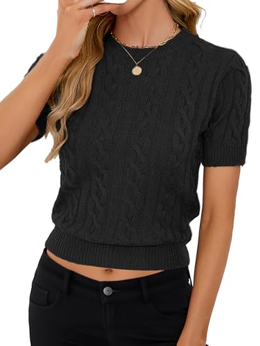 Image of Libsorge Womens Cropped Short Sleeve Sweater Fall 2025 Crewneck Sheer Knit Tops - Lightweight, Thin, Crop, Slim Fit