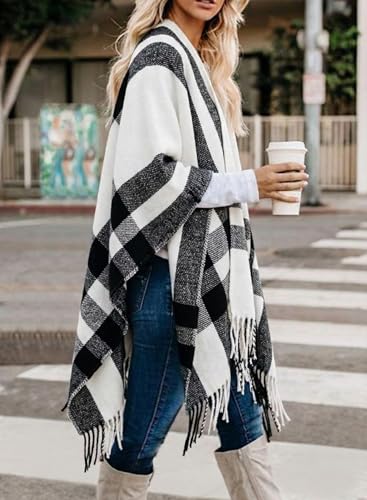 Image of Bestshe Women's Boho Open Front Poncho Plaid Shawl Wrap Cape | Tassel Cardigan Sweater, Cozy Layering, Fall Winter Clothes for Women
