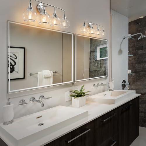 Image of Brushed Nickel Bathroom Light Fixture 4 Lights Bathroom Vanity Lights Over Mirrors with Clear Glass Shade 30.7 inch Wall Sconce Lighting Bath(Exclude E26 Bulb)