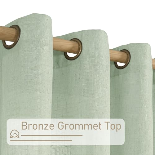 Image of LAMIT Fresh Green Linen Sheer Curtains 63 Inch Length for Bedroom, Light Filtering Panels with Bronze Grommet for Living Room Faux Linen Textured Spring Decor Drapes, 2 Panels, 34 X 63 Inch